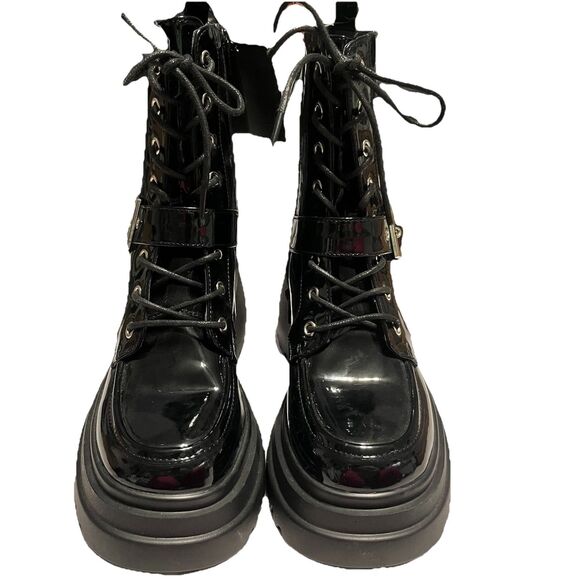Forever 21 Black Patent Combat Boots Chunky Platform Lug Sole Lace Up Zip Size 8 - Picture 1 of 11
